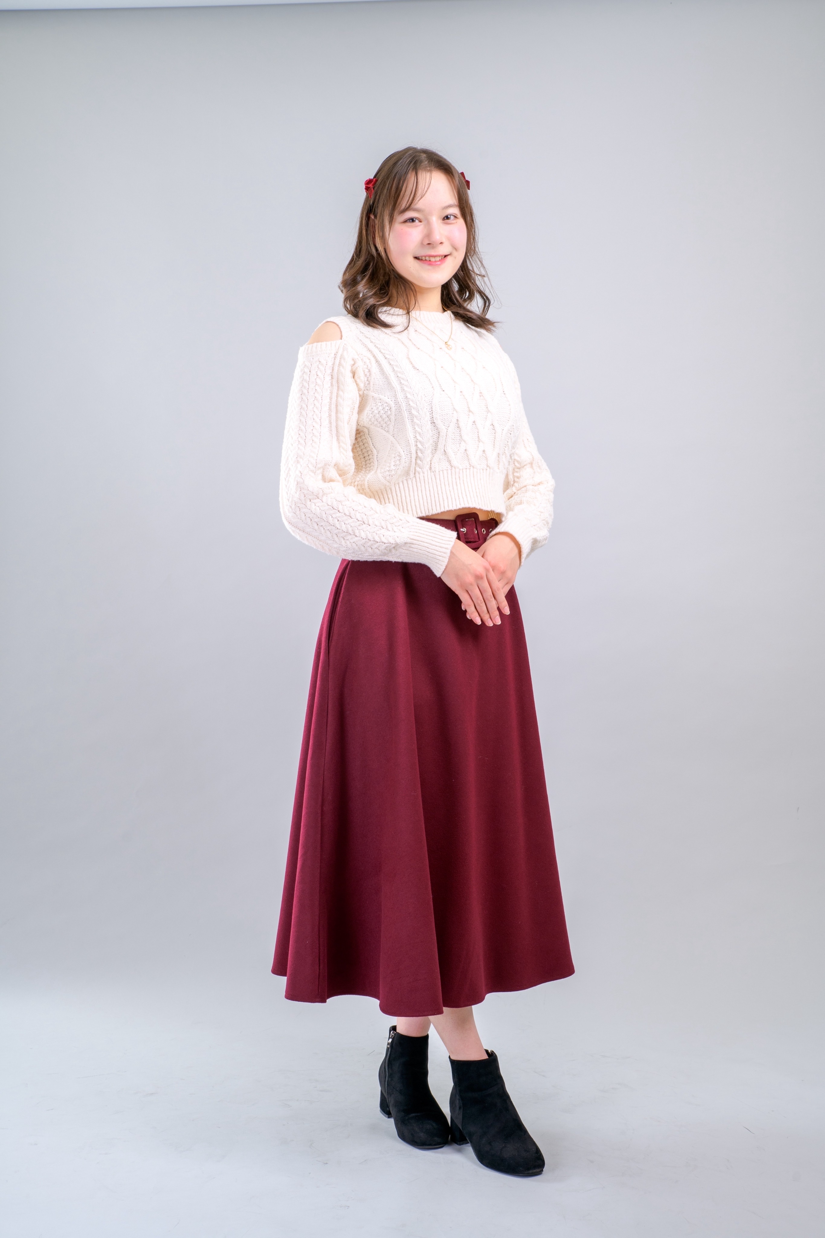【セット】肩空きニット(白)&スカート(赤)