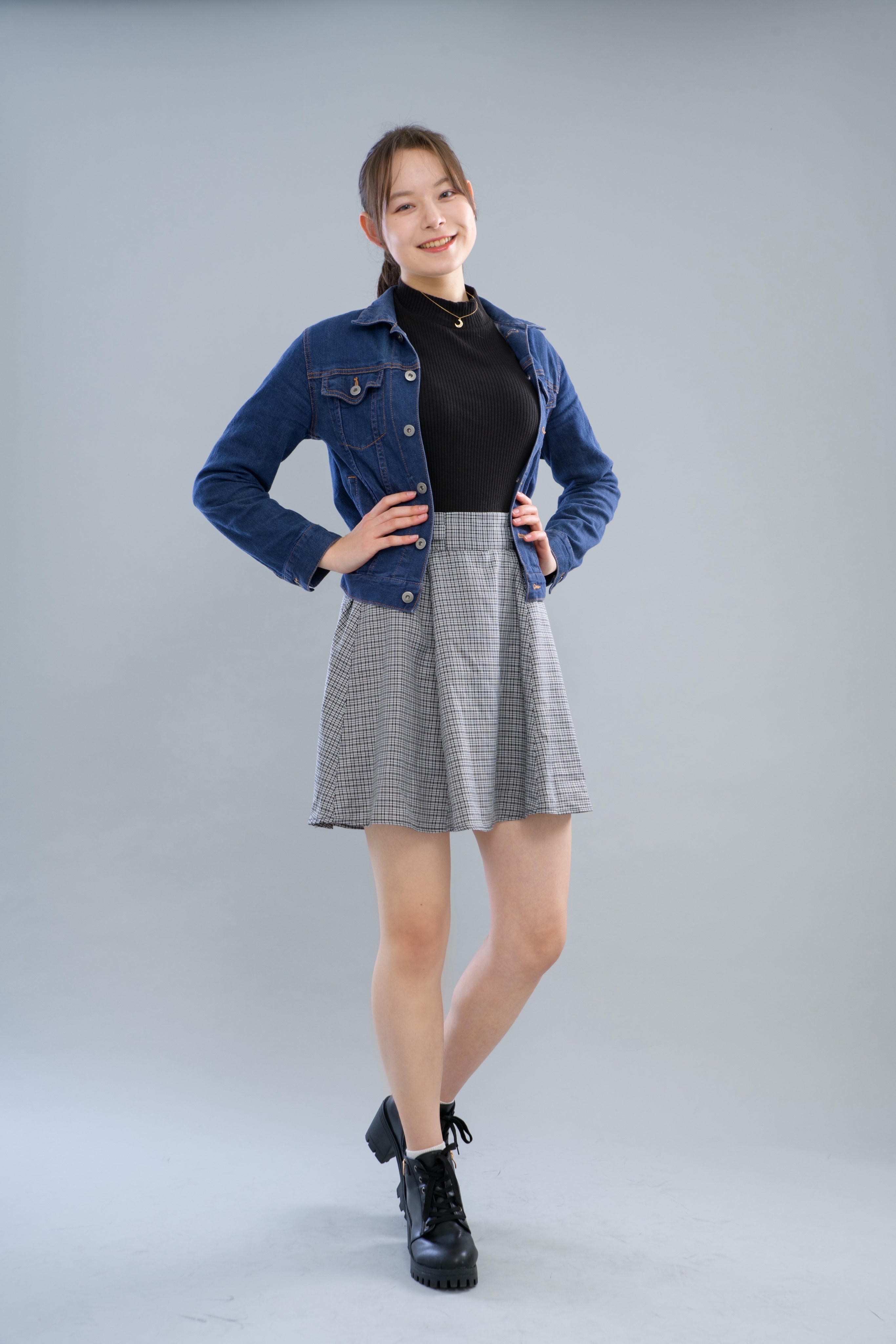 【セット】ジージャン&トップス(黒)&チェックスカート